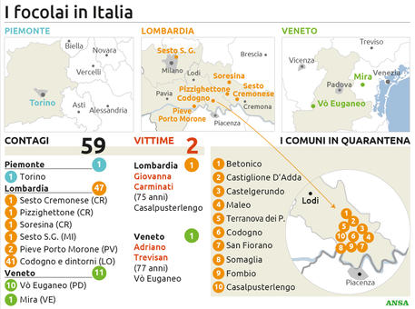 La mappa dei contagi del Coronavirus in Italia, Roma, 22 febbraio 2020. FOTO ANSA